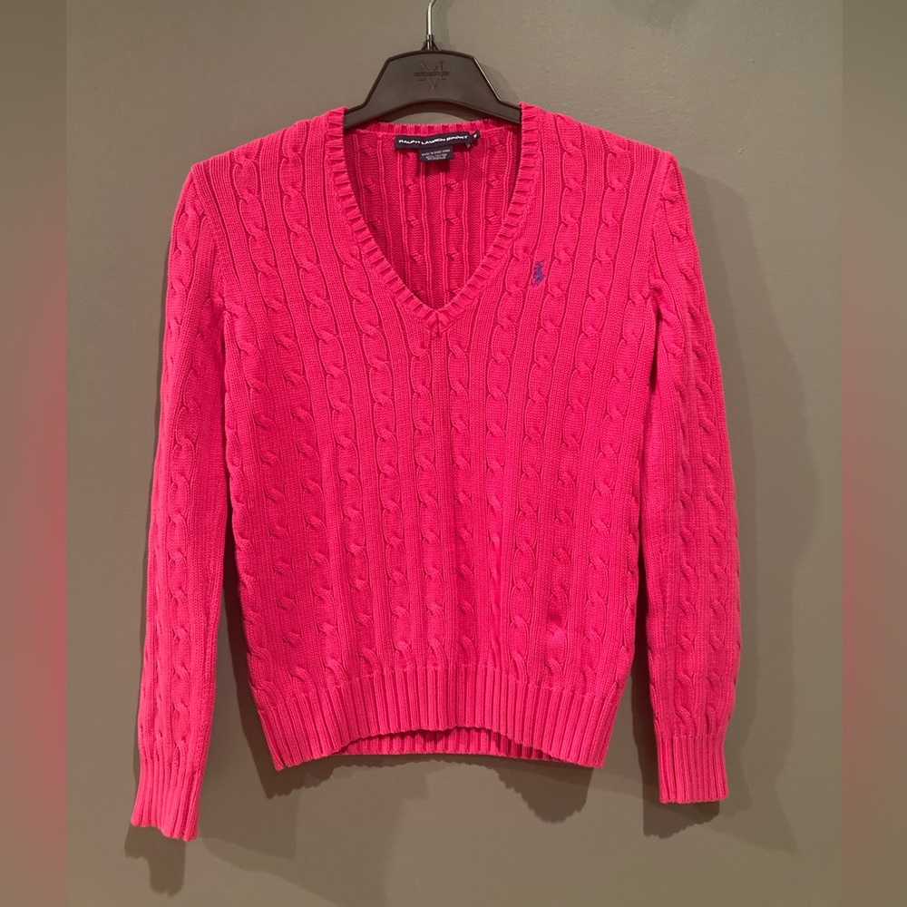 Pink Ralph Lauren Sport V Neck Cable Knit Sweater